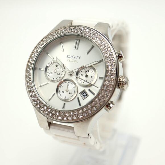 DKNY Broadway White Ceramic Chronograph Watch 43mm Silver Date w New Battery - Picture 1 of 14
